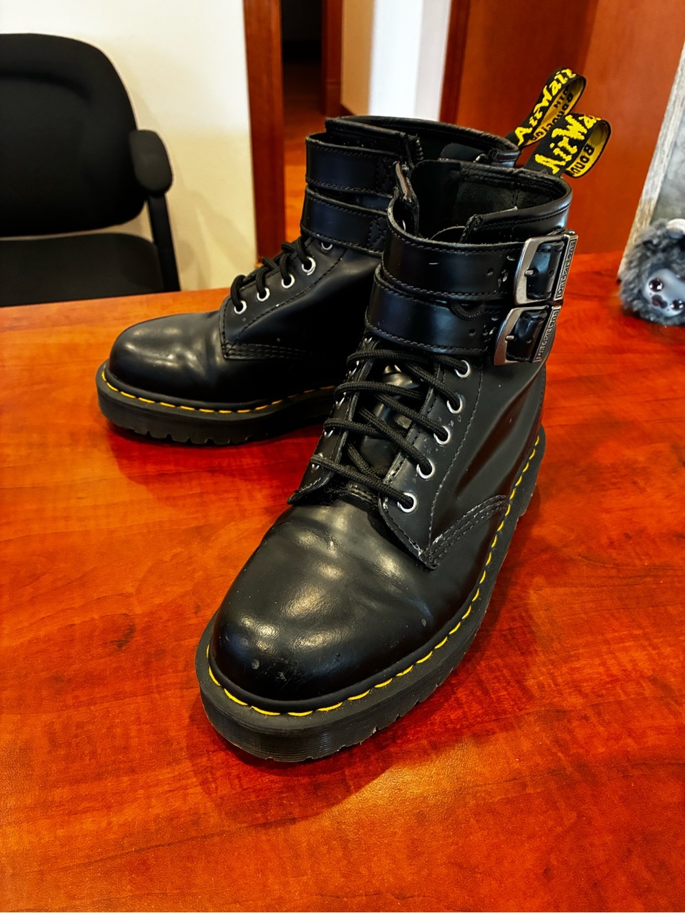 Dr. Martens Black Leather Buckle Lace-Up Combat Boots with Yellow Stitching